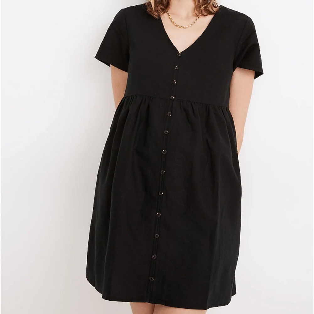 Madewell Petite Linen-Blend Alexandra Button-Front Mini Black Dress S